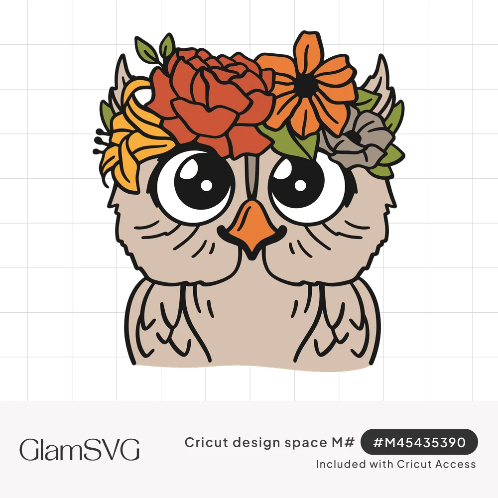 Cartoon owl with big round eyes wearing a crown of orange, red, yellow and gray flowers with green leaves
