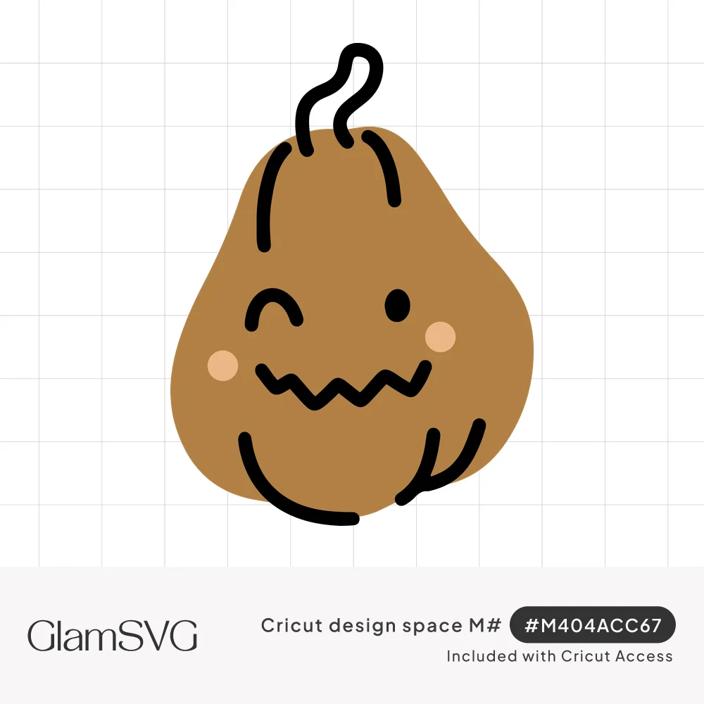 Brown cartoon pumpkin with a curly stem, winking eye, pink cheeks and a zigzag jack-o'-lantern smile