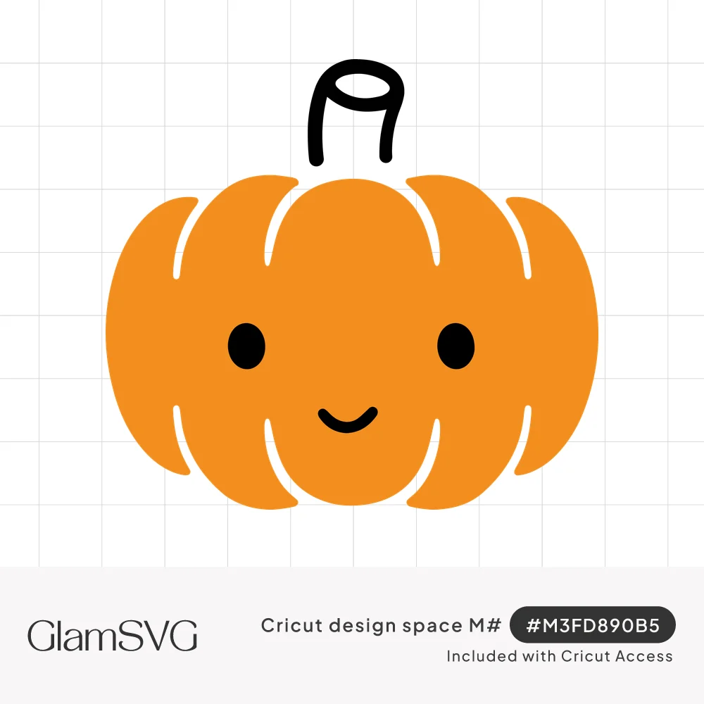 Orange cartoon pumpkin with dot eyes, a small smile, white rib lines and a curly black stem