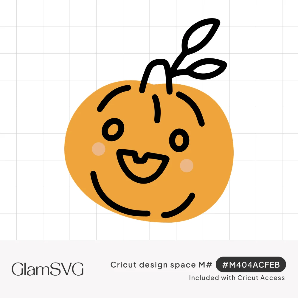 Hand-drawn orange pumpkin with a smiling face, pink cheeks, dashed black outline and a stem with two leaves