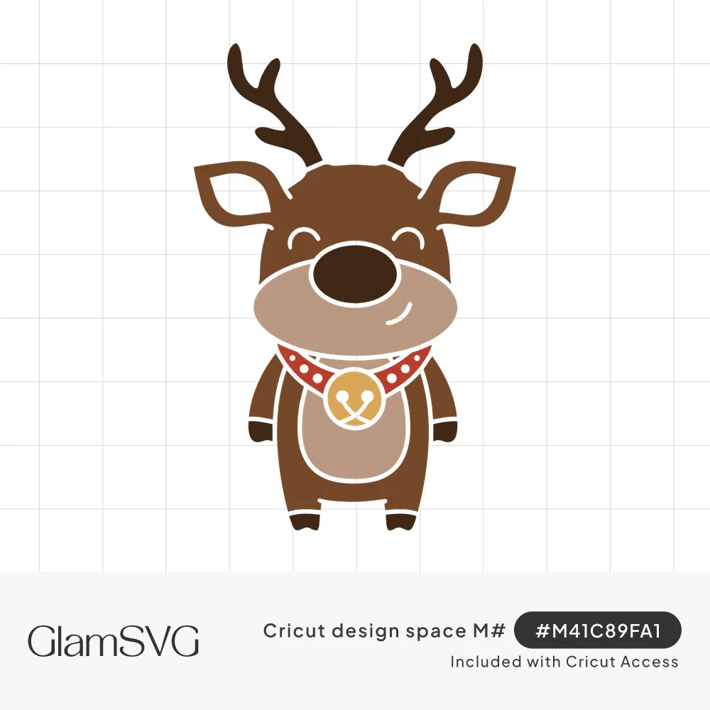 Cartoon brown reindeer with antlers, closed smiling eyes, and a red polka dot collar with a gold jingle bell