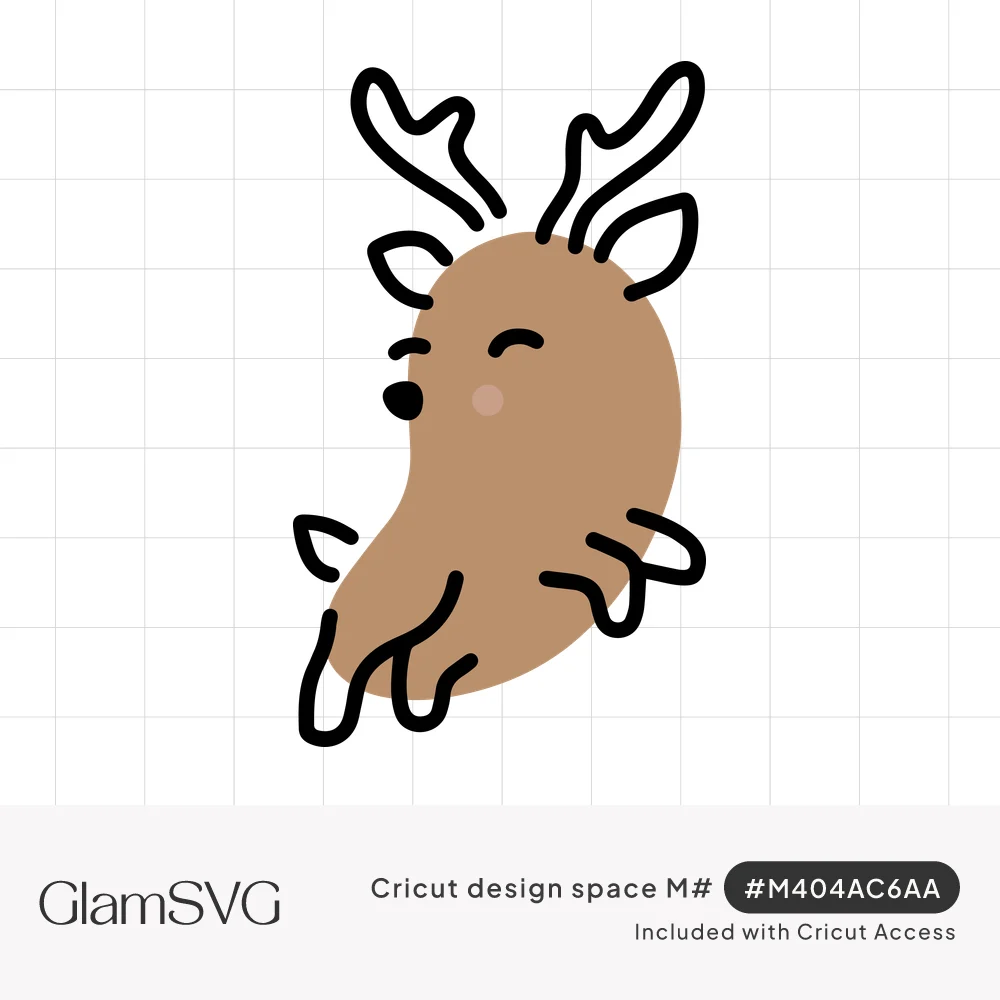 Brown bean-shaped cartoon reindeer with black outlined antlers and legs, closed happy eyes, and a pink cheek