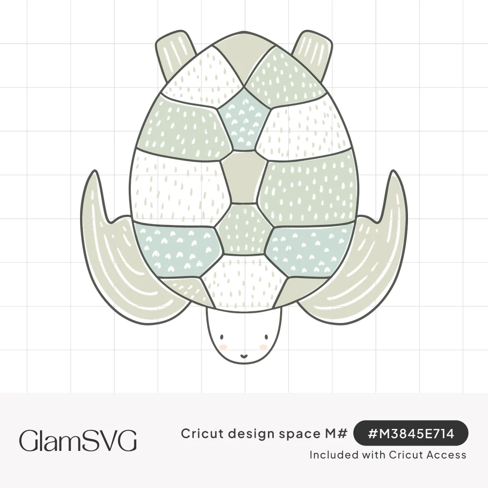 Hand-drawn smiling sea turtle seen from above with a patchwork shell in sage, mint and cream and spread flippers