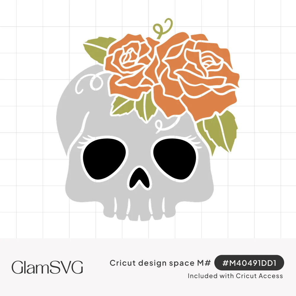 Gray cartoon skull with eyelashes and black eye sockets topped with two orange roses and green leaves