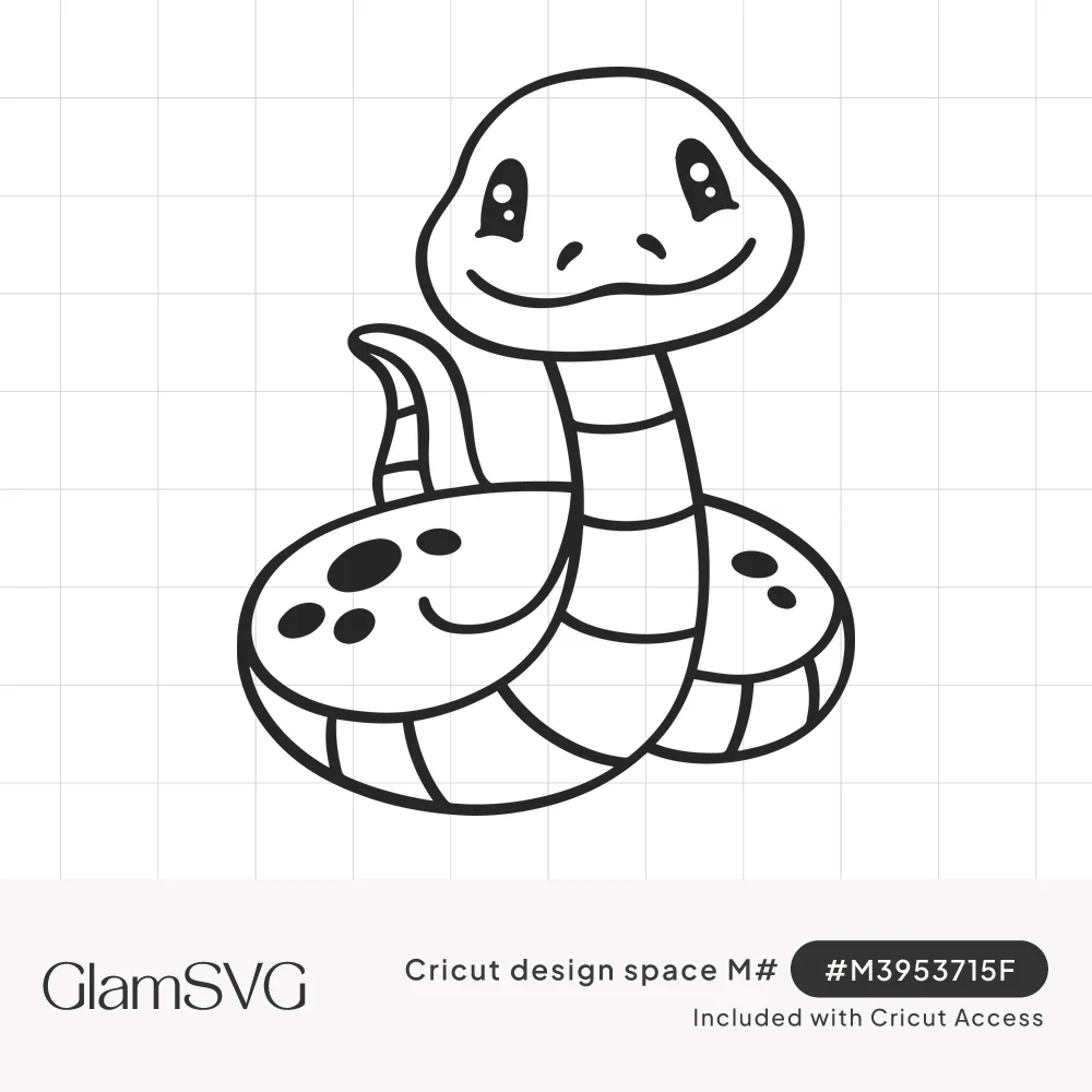 Black line drawing of a cute smiling cartoon snake coiled up, with big sparkly eyes, a striped belly and spots on its body