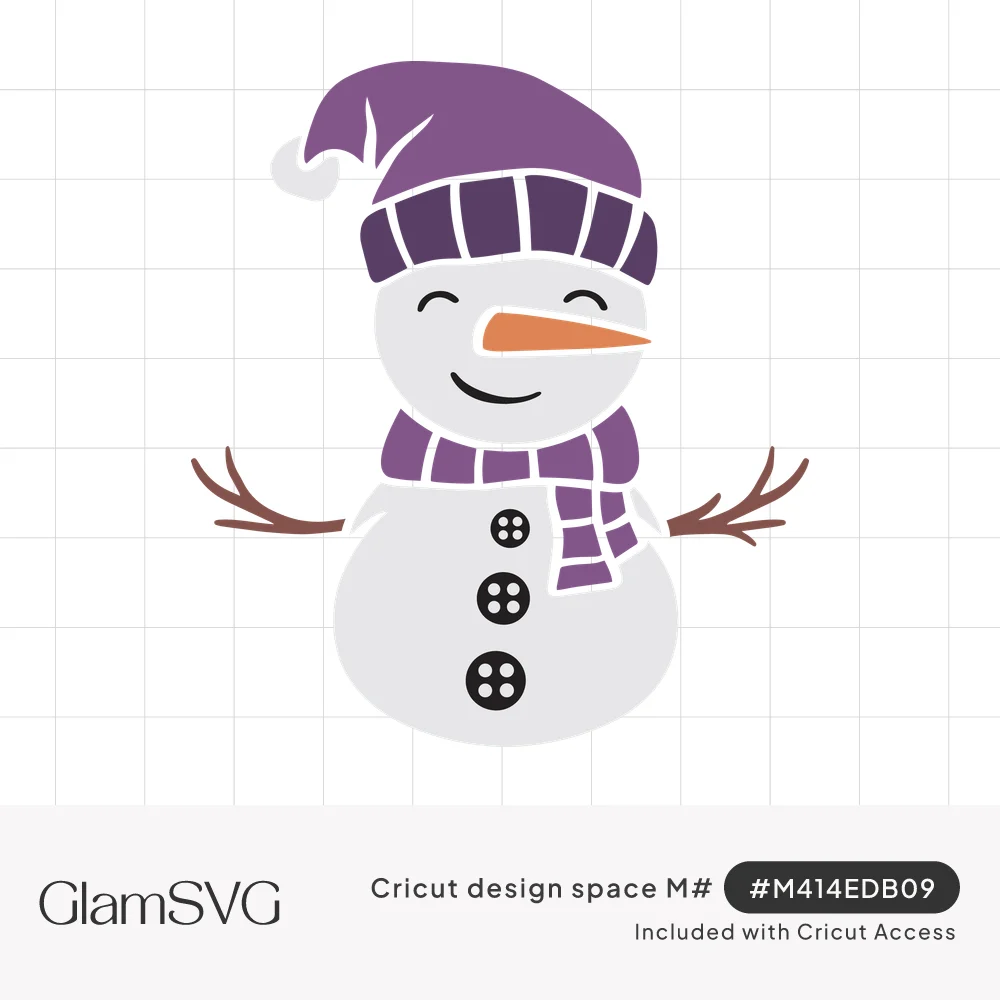 Smiling snowman with twig arms, carrot nose, black buttons, purple knit hat with pom-pom and purple striped scarf