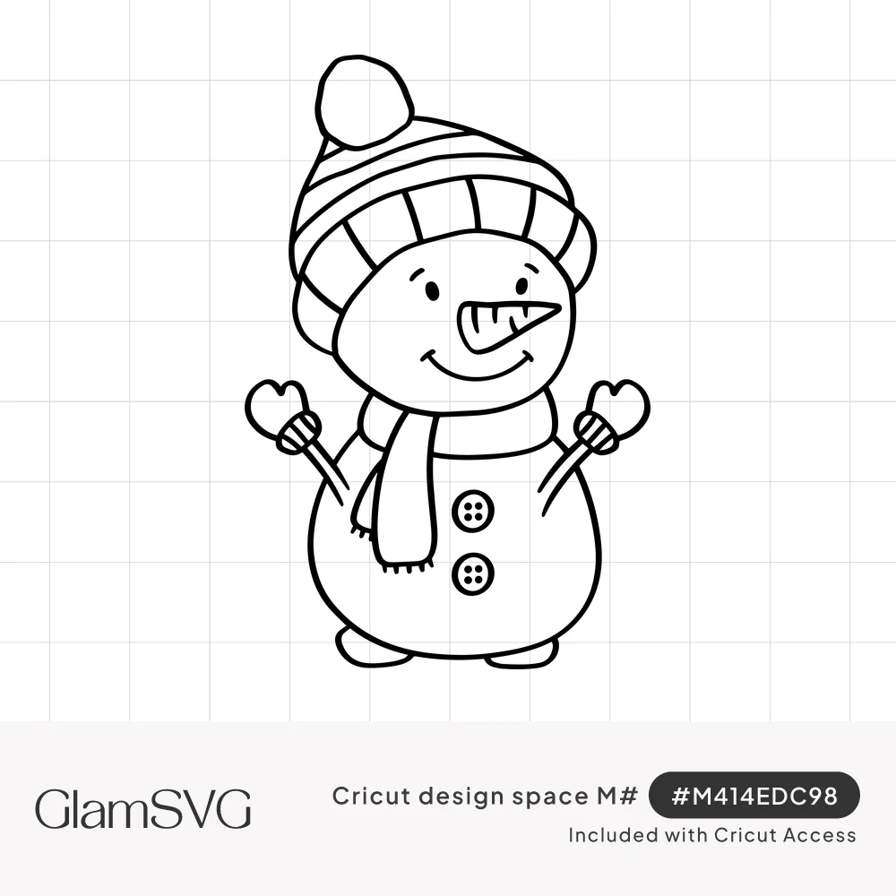 Line drawing of a smiling snowman wearing a striped pom-pom beanie, scarf, and mittens on stick arms