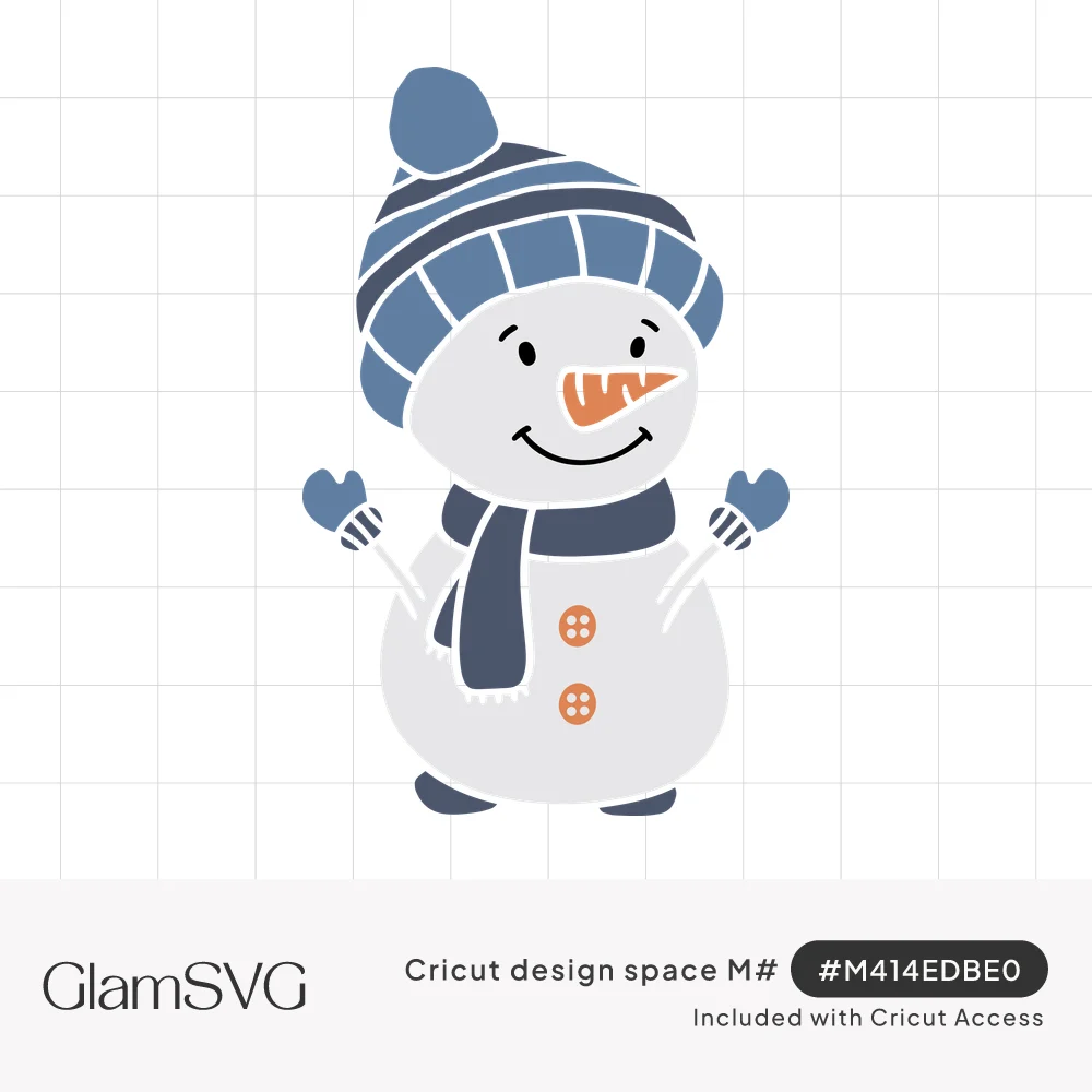 Smiling snowman wearing a blue striped pom-pom beanie, navy scarf and mittens, with a carrot nose and orange buttons
