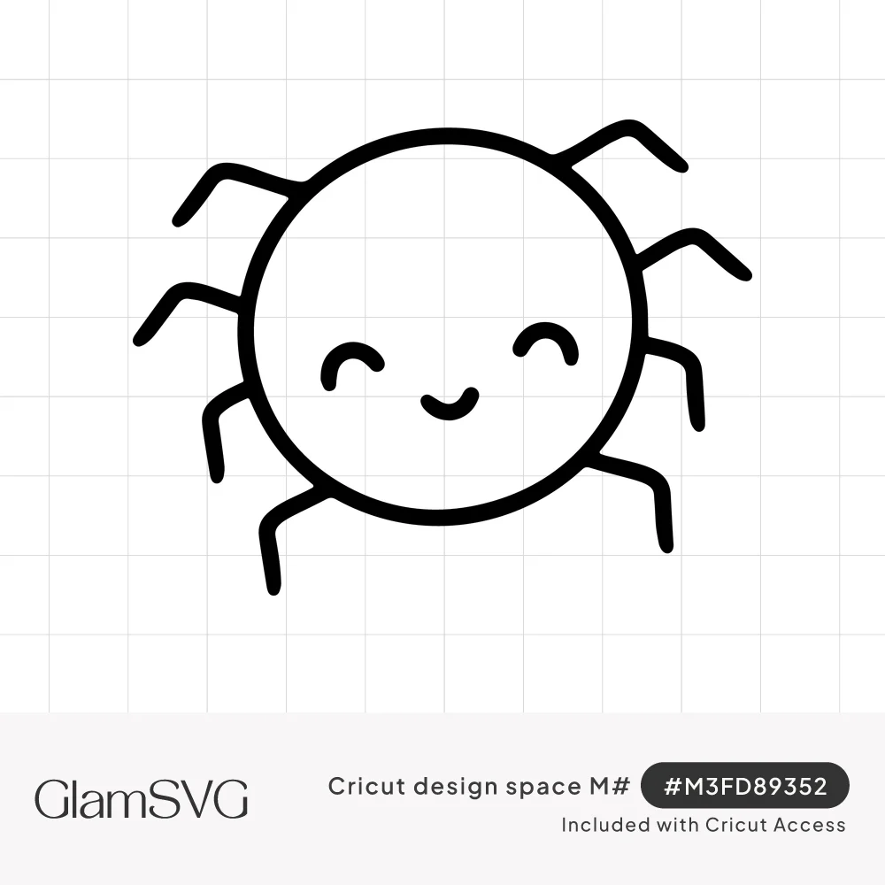 Black line drawing of a round smiling spider with closed happy eyes and eight bent legs