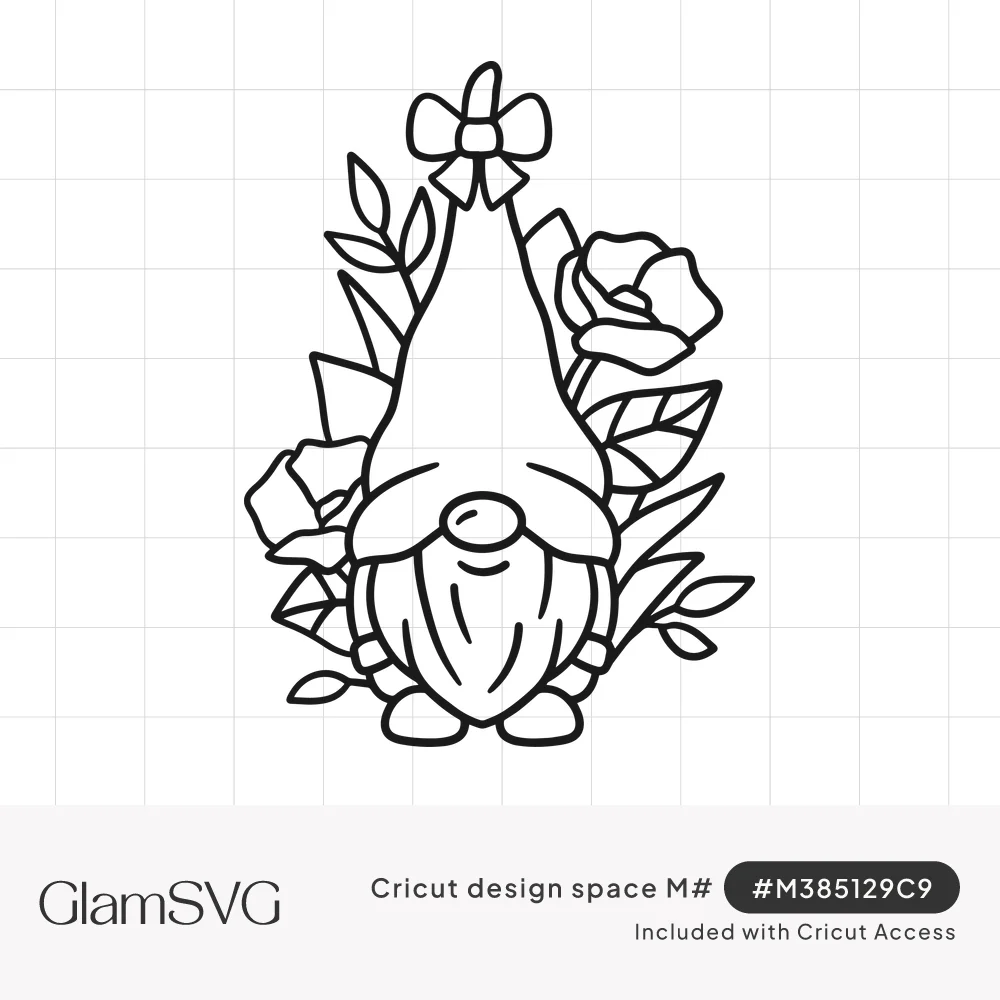 Line art gnome with a long beard and tall bow-topped hat surrounded by roses and leaves