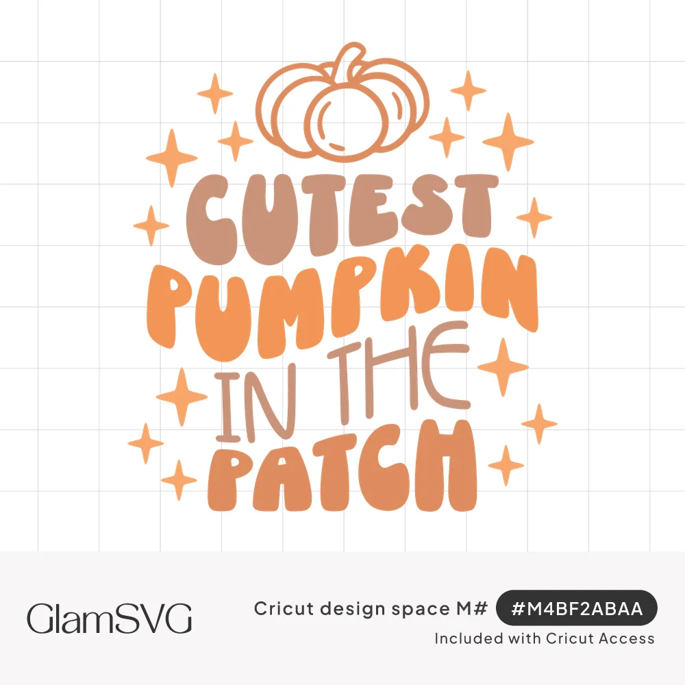 Retro lettering reading Cutest Pumpkin in the Patch under a line-art pumpkin, surrounded by orange sparkles