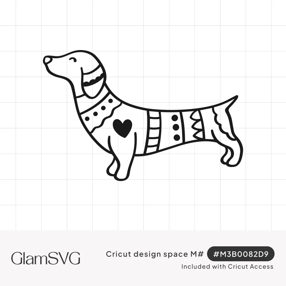 Black line drawing of a dachshund in profile with eyes closed, body decorated with dots, scallops, stripes and a heart