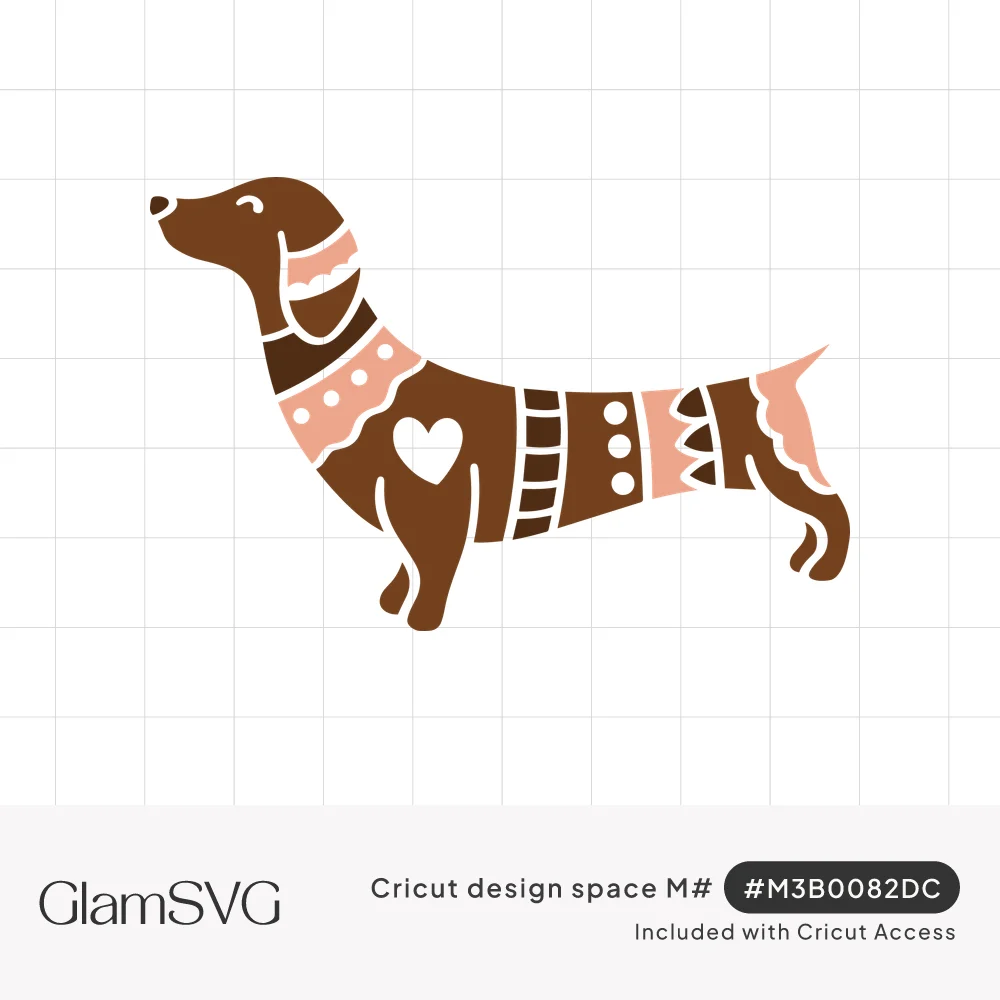 Brown dachshund in profile with pink folk art patterns of scallops, dots, stripes and a heart cutout on its body