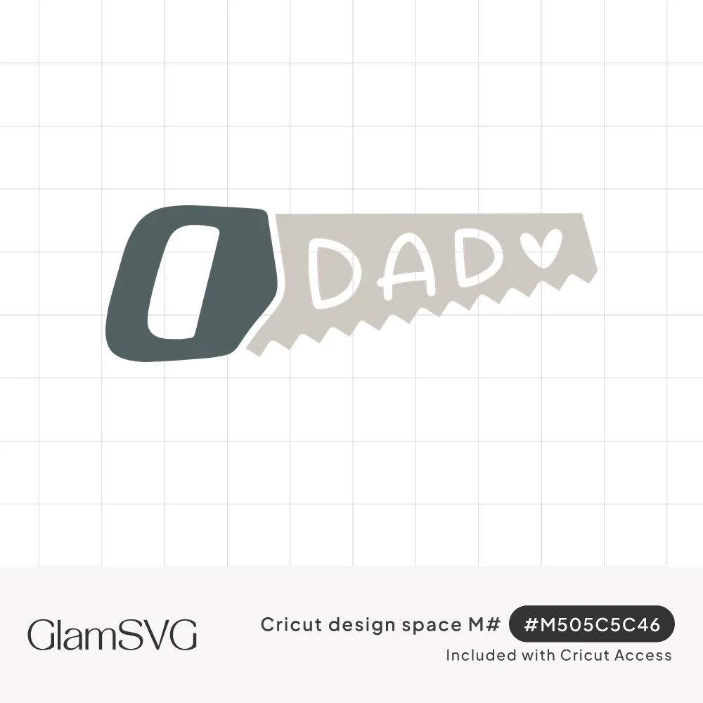 Gray hand saw illustration with the word DAD and a small heart hand-lettered inside the light gray blade