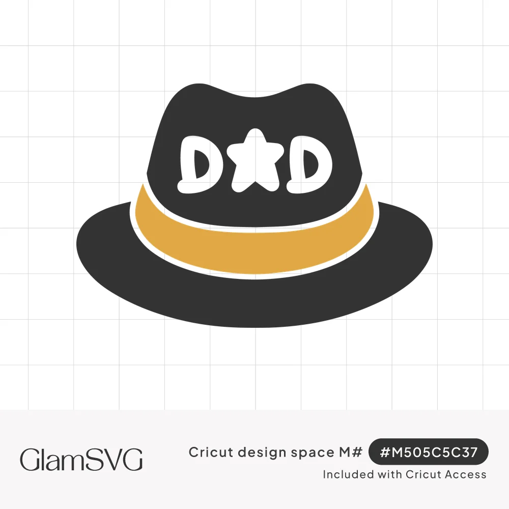 Charcoal fedora hat with a mustard-gold band and the word DAD on the crown, with a star replacing the letter A