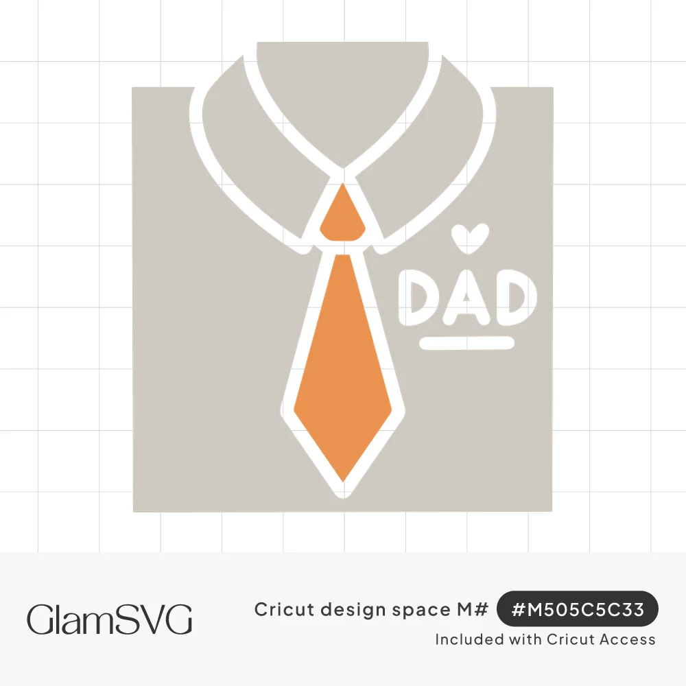 Gray collared shirt with an orange necktie and the word DAD with a small heart above it, outlined in white