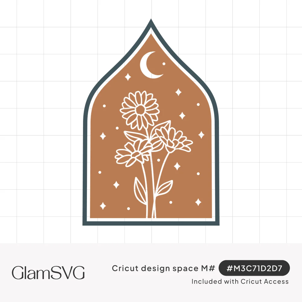 White line-art daisies under a crescent moon and stars inside a terracotta pointed arch frame with a dark outline