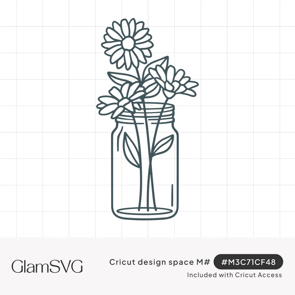 Line drawing of three daisies with long stems and leaves standing in a glass mason jar with a water line