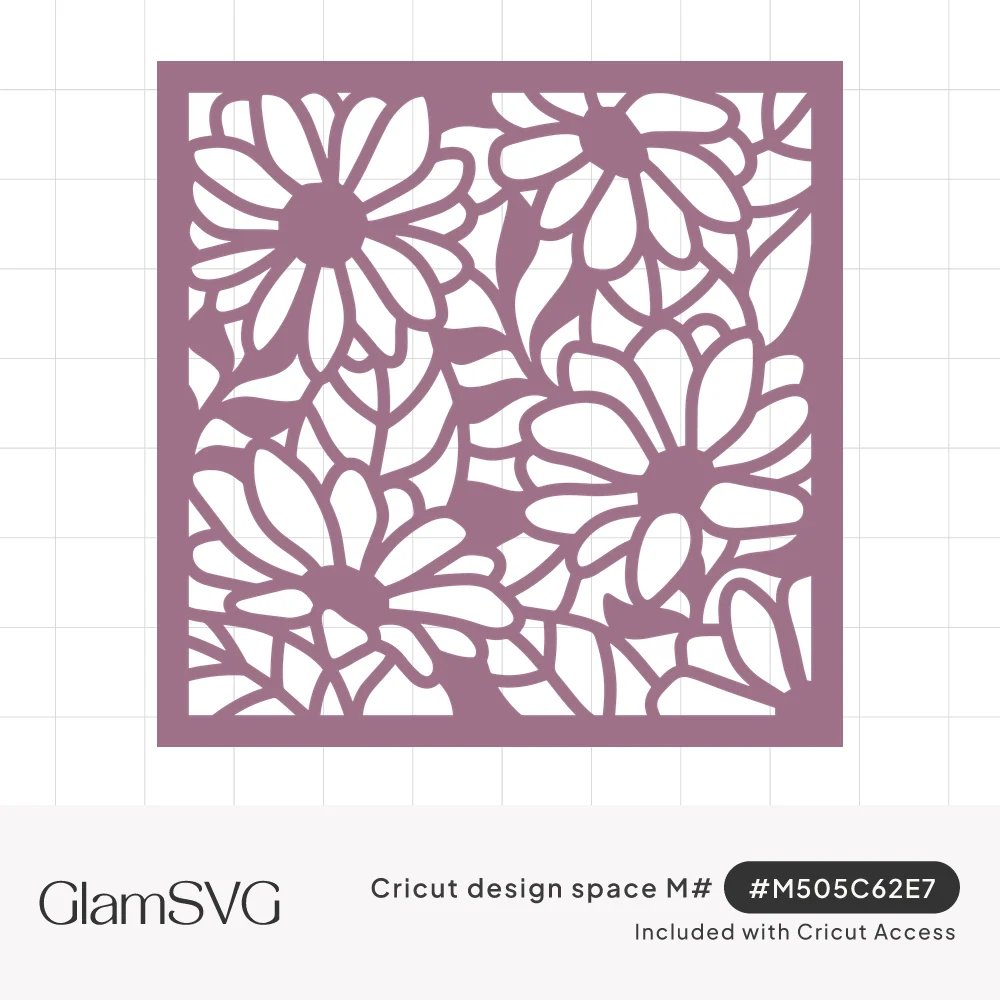 Square mauve cutout panel with a solid border filled with large overlapping daisy flowers and leaves