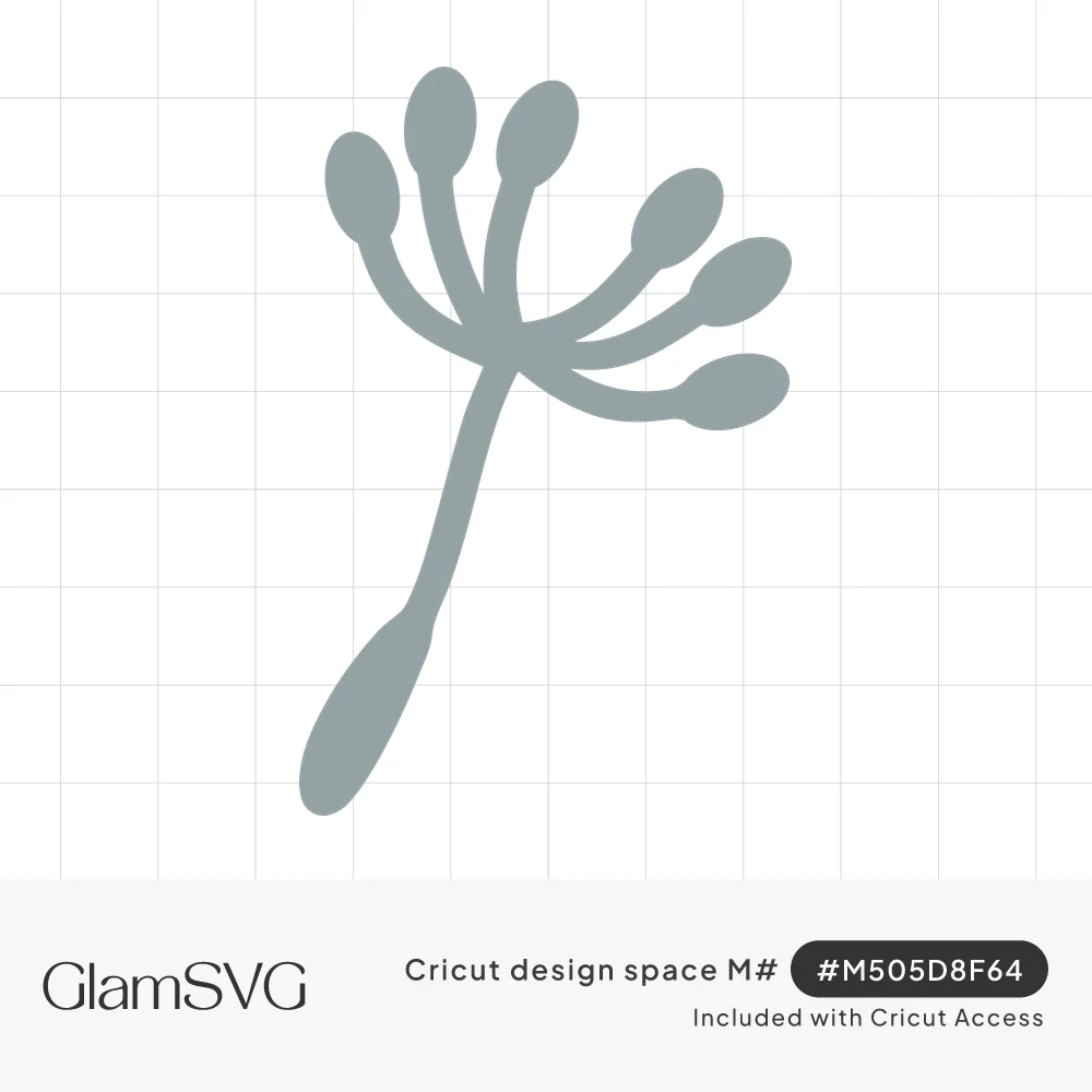 Single dandelion seed silhouette in soft sage gray with a curved stem and a fan of rounded oval tips
