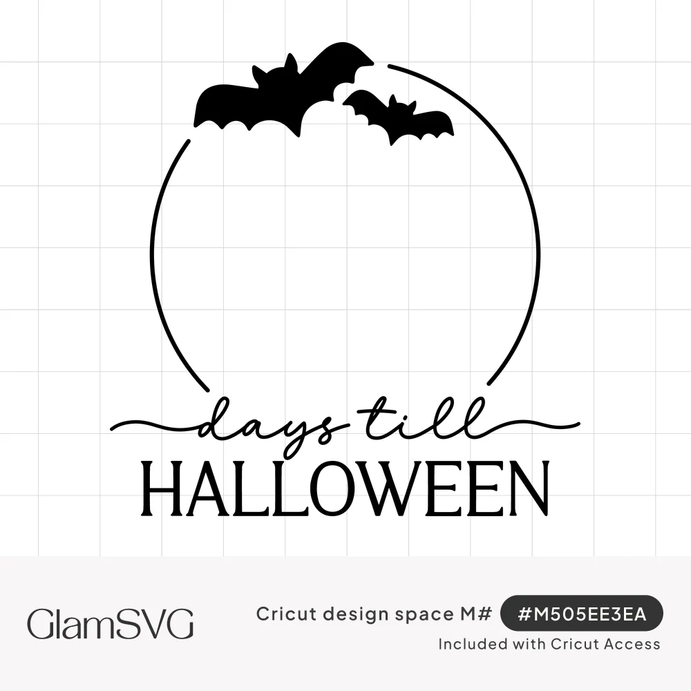 Two black bats above an open circle frame with "days till" script and bold "HALLOWEEN" lettering below