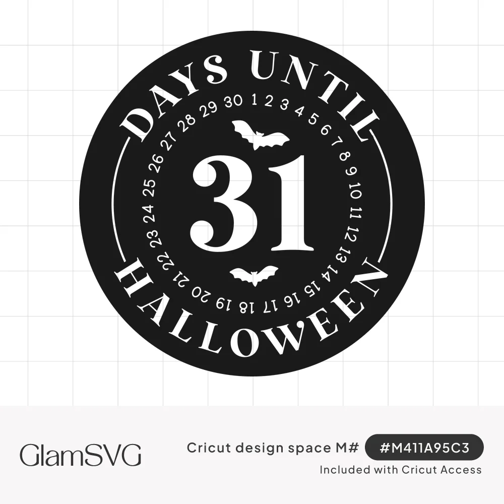 Round black Halloween countdown sign with a large 31, a circle of numbers 1 to 31, two bats and Days Until Halloween text
