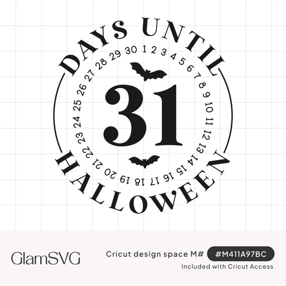 Circular Halloween countdown with Days Until Halloween lettering, numbers 1 to 31 in a ring, a large 31, and two bats