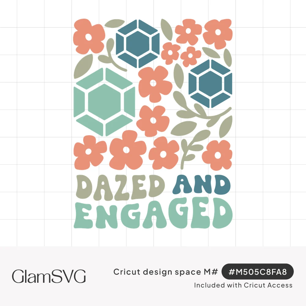 Wavy retro text reading Dazed and Engaged under coral flowers, sage leaves and teal faceted gemstones