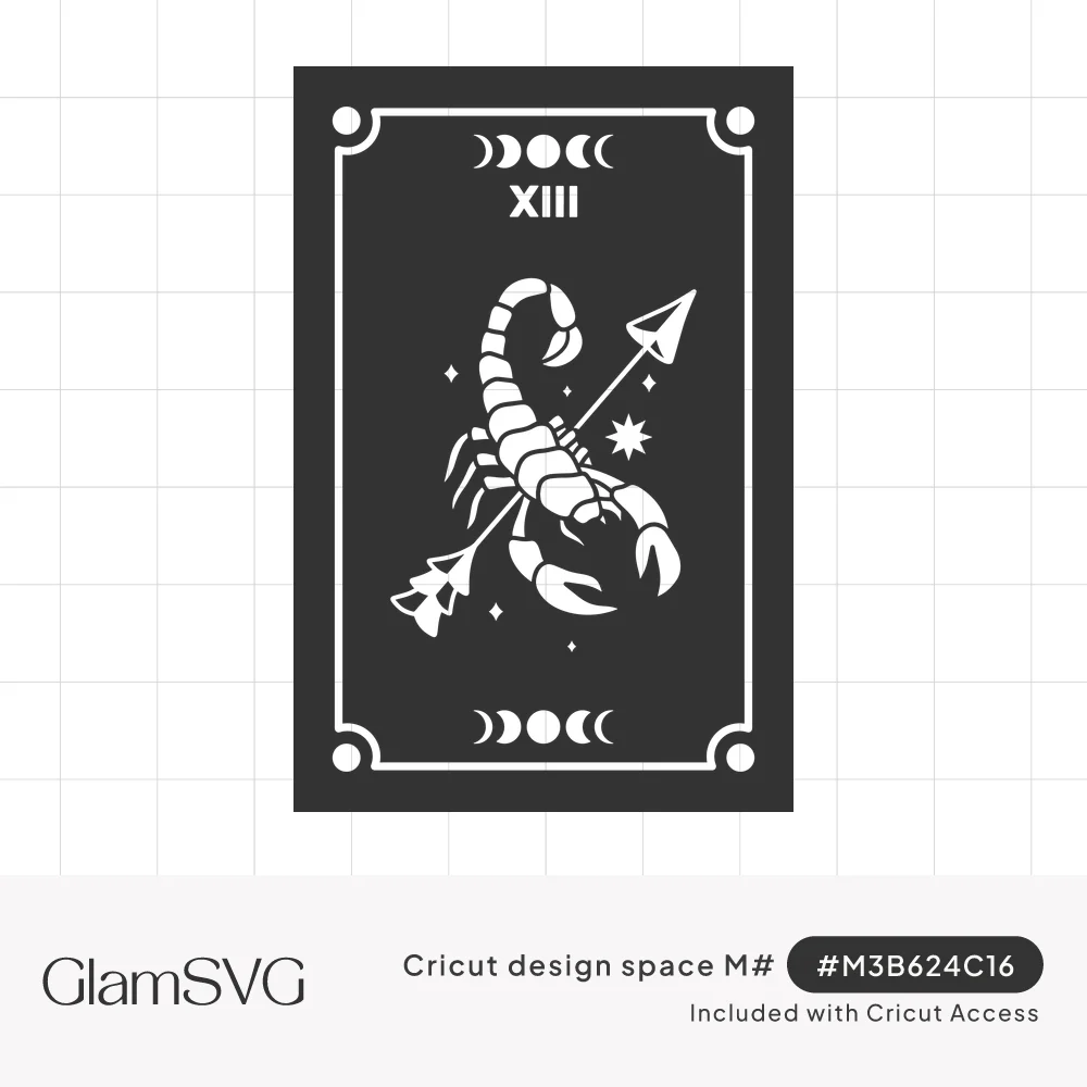 Dark tarot card numbered XIII showing a scorpion crossed by an arrow, with moon phases, stars and a decorative border