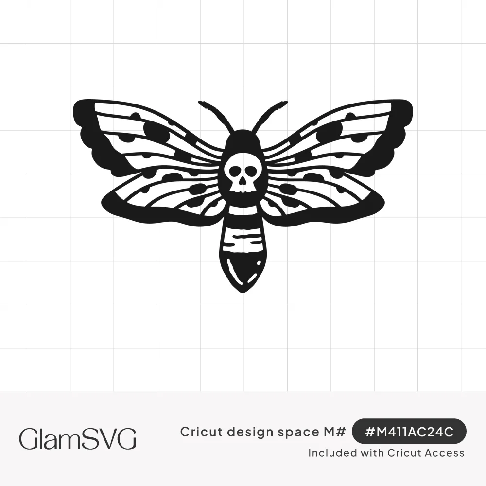 Black and white death's head moth with a small skull on its back and spotted, striped wings spread open