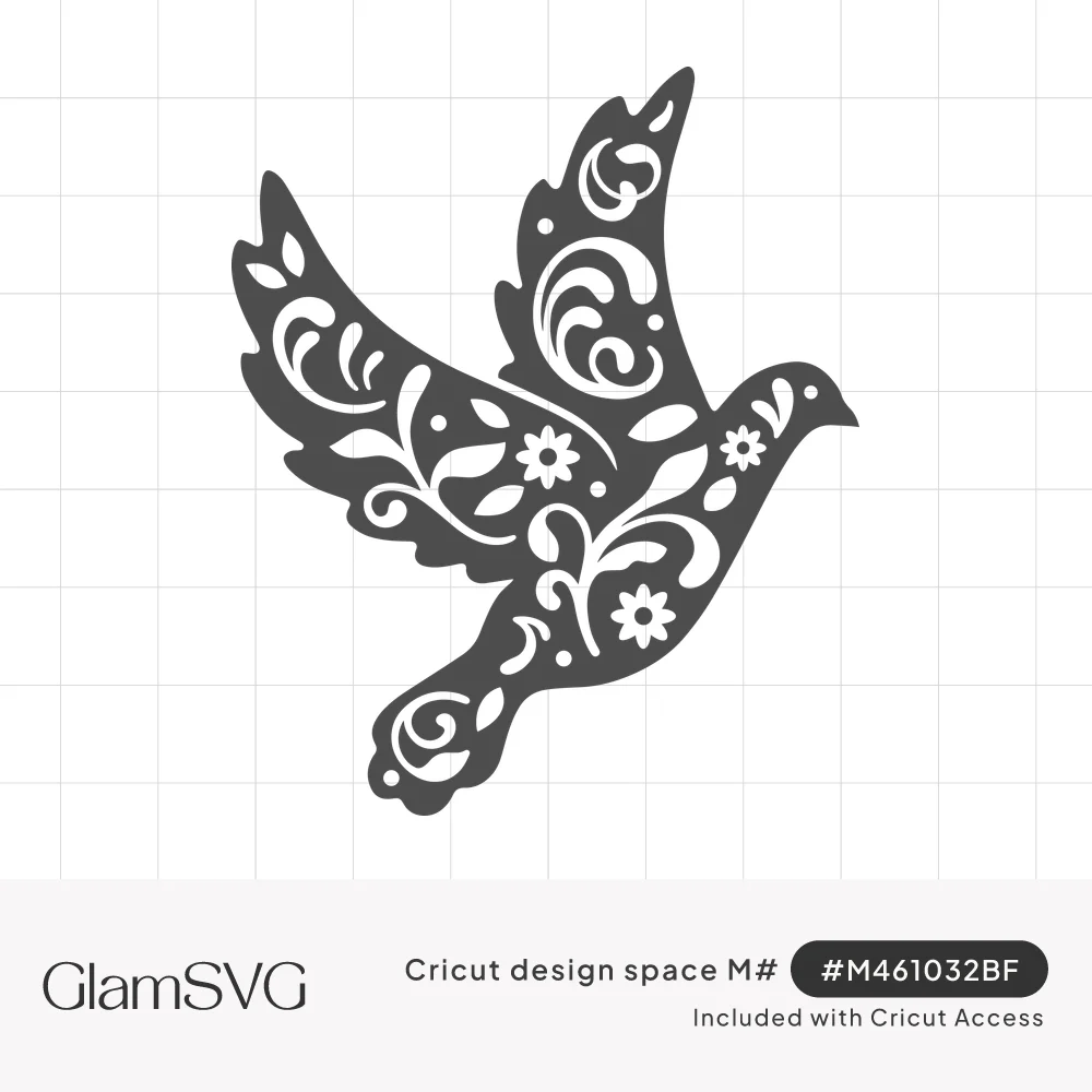 Silhouette of a flying dove with cutout swirls, leaves and small flowers in a folk-art filigree pattern