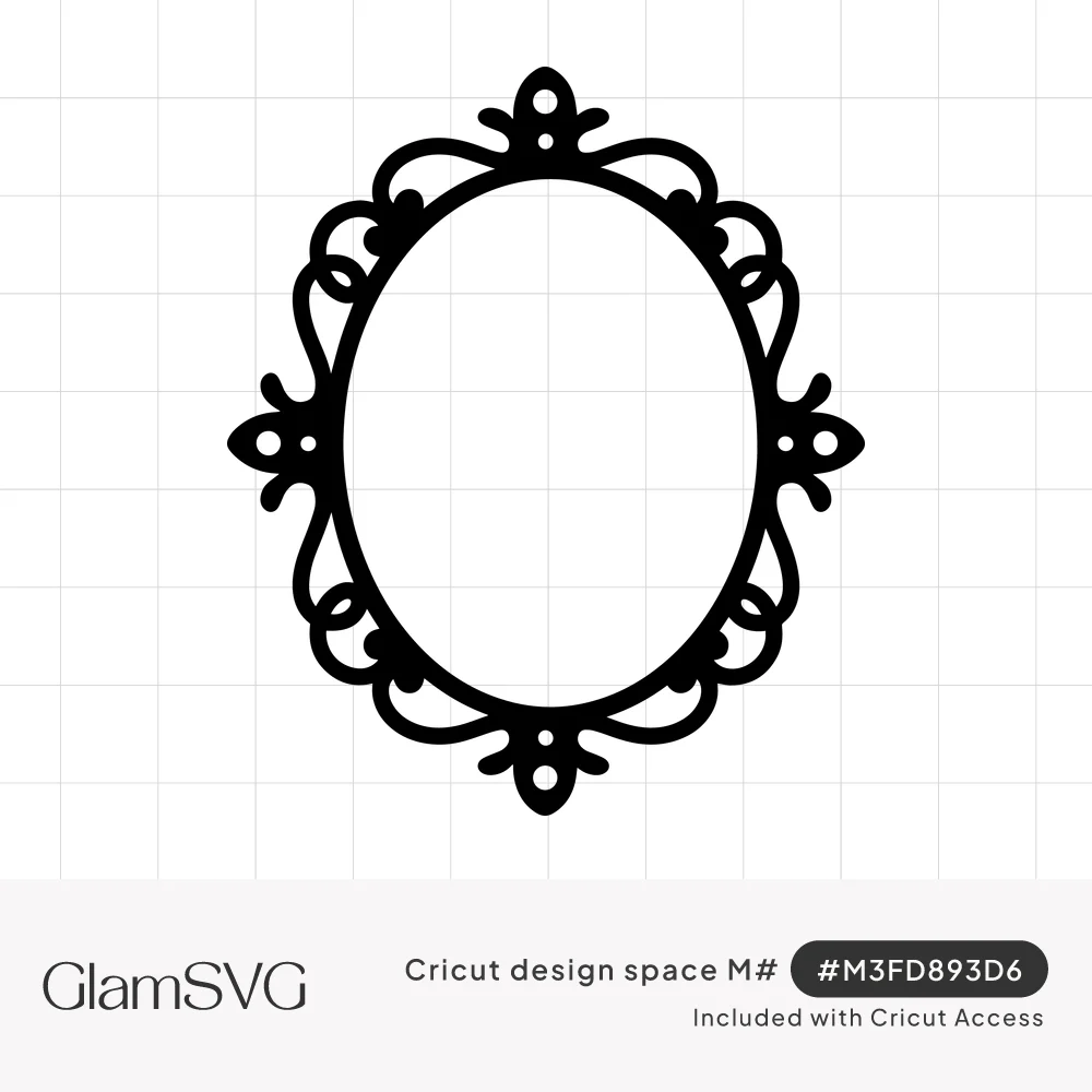 Black silhouette of an ornate oval frame with curling scrollwork and pointed finials around an empty white center