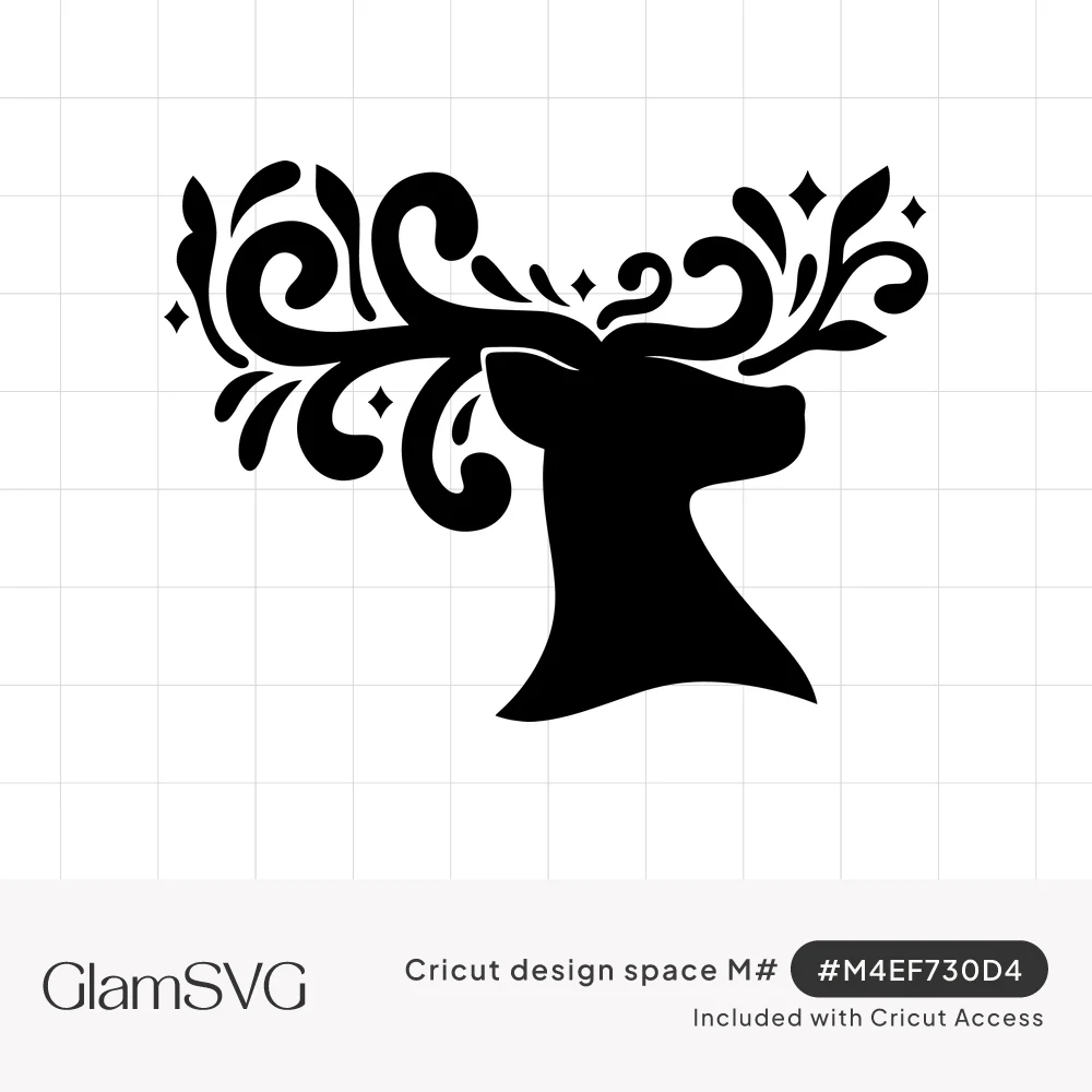 Black silhouette of a deer head with ornate swirling flourish antlers dotted with small sparkles