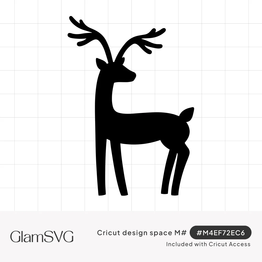 Black silhouette of a slender deer with tall branching antlers and long legs, looking back over its shoulder