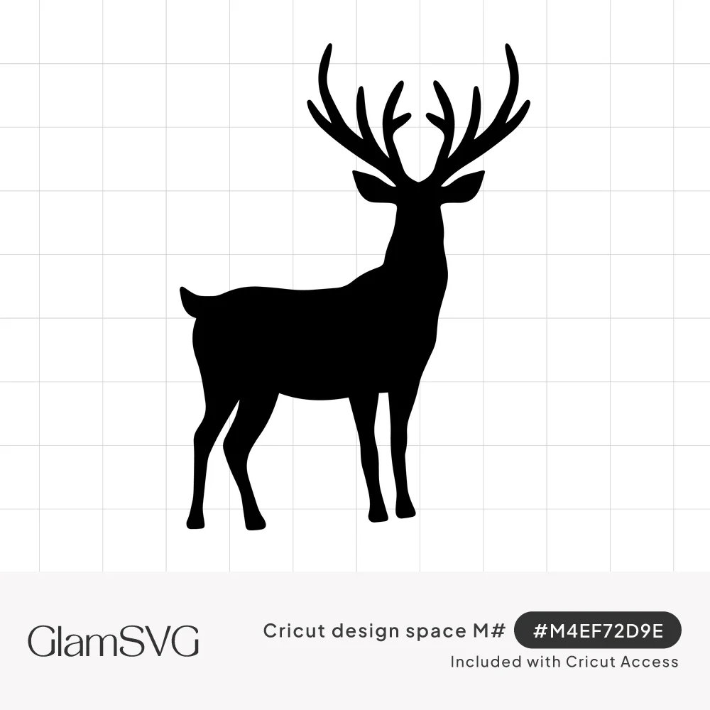 Solid black silhouette of a standing deer buck with large branching antlers, glancing back over its shoulder