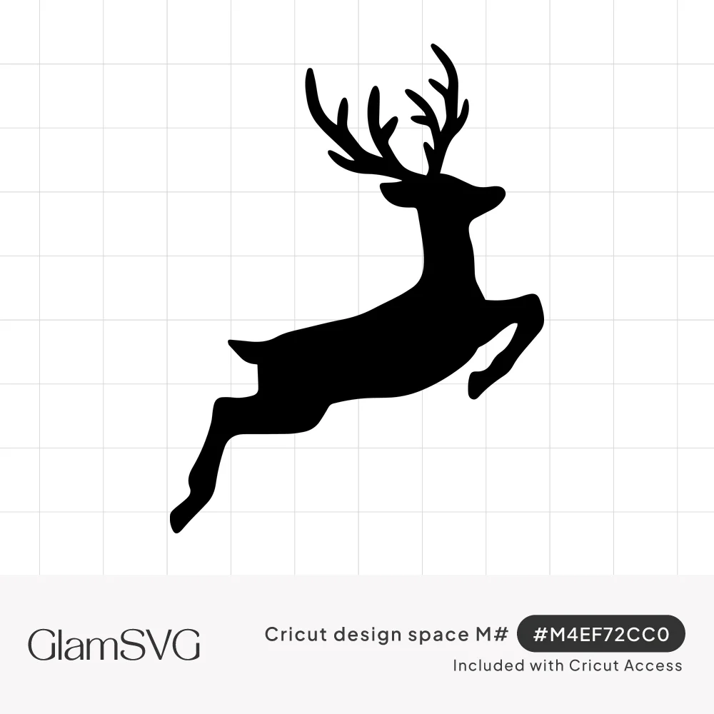 Solid black silhouette of a deer leaping forward with branching antlers and legs tucked mid-jump