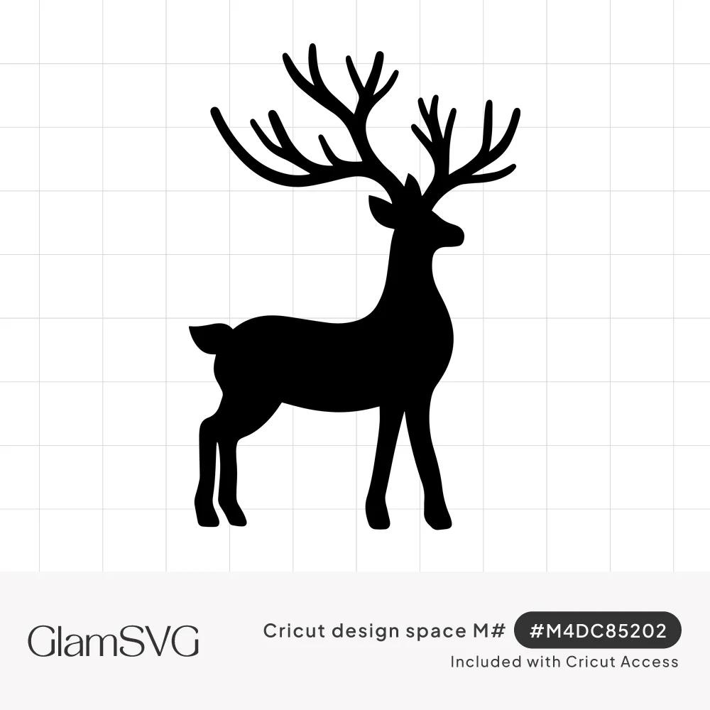 Black silhouette of a standing stag deer with large branching antlers, head turned slightly to the right