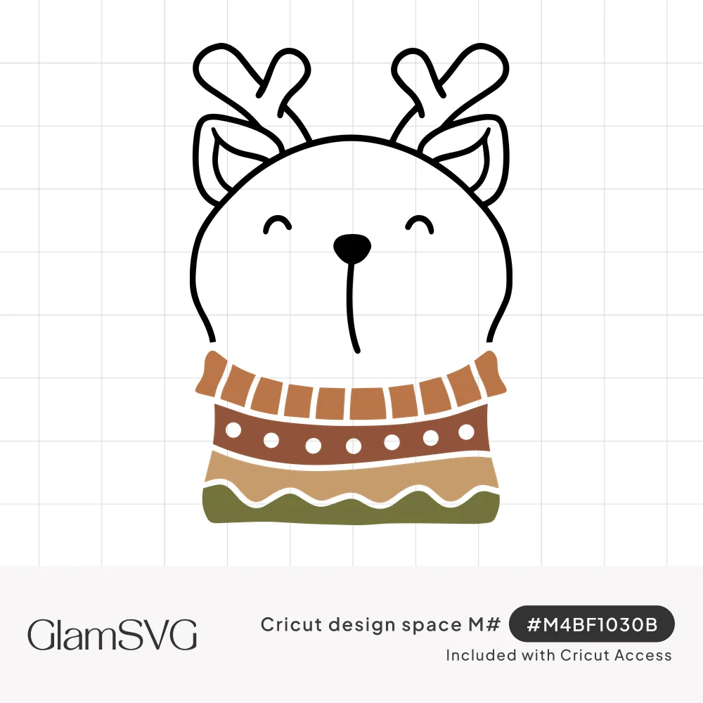 Smiling outlined reindeer with antlers wearing a striped rust, brown and olive green Christmas sweater