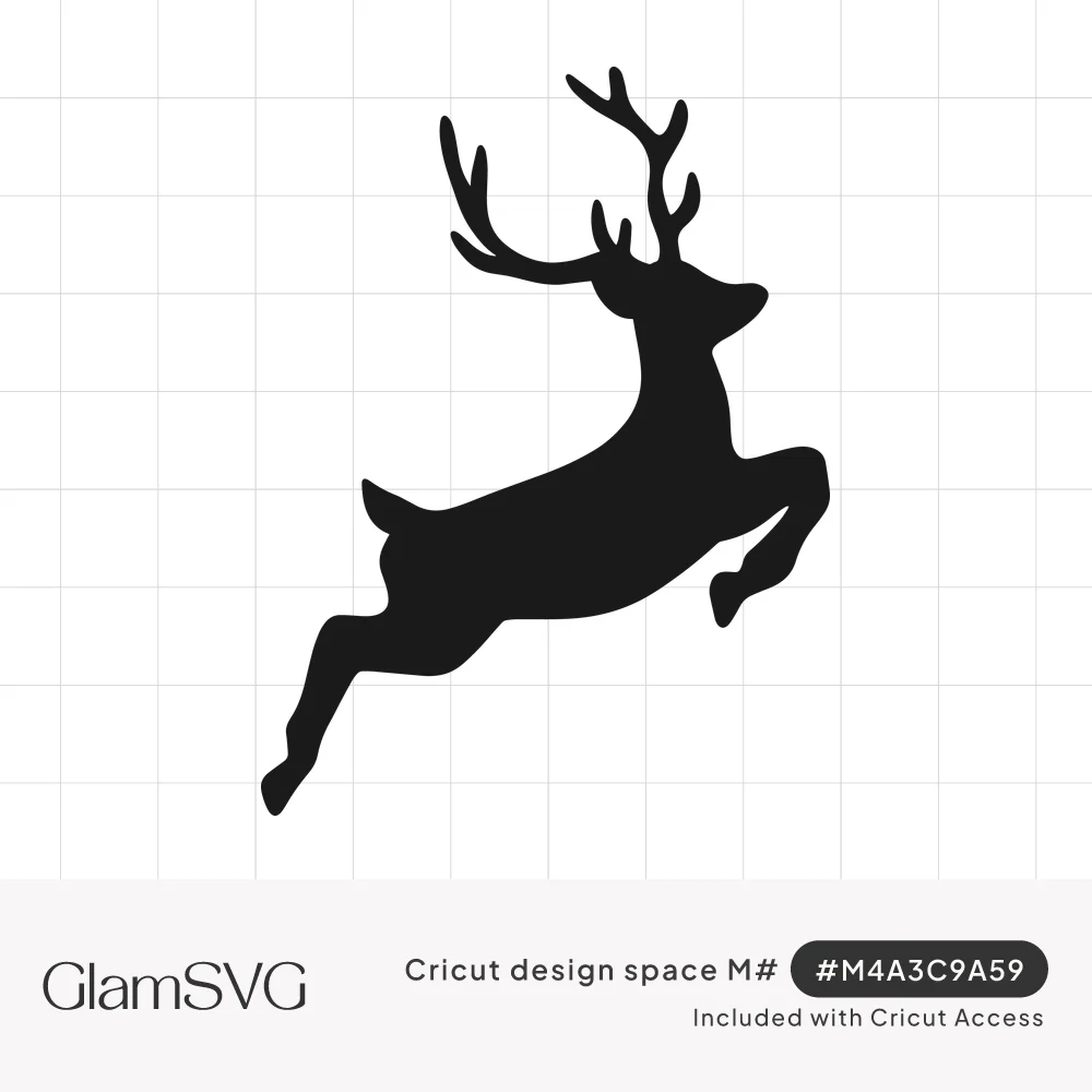 Black silhouette of a leaping deer with tall branching antlers, legs tucked and stretched mid-jump