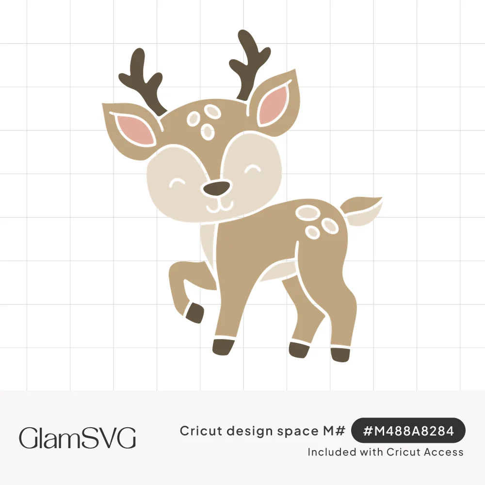 Cute cartoon baby deer with small antlers, closed smiling eyes, pink ears and white spots, lifting one front hoof