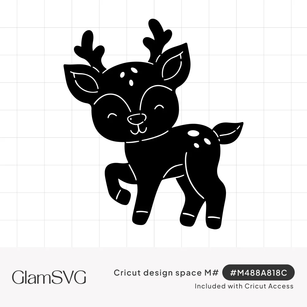 Black silhouette of a smiling baby deer with small antlers, closed happy eyes, white spots and one hoof raised