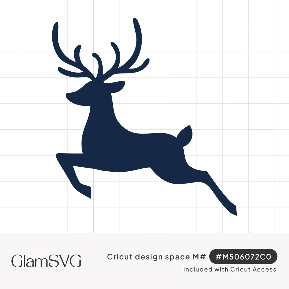 Solid navy silhouette of a leaping deer with tall branching antlers, legs stretched mid-jump