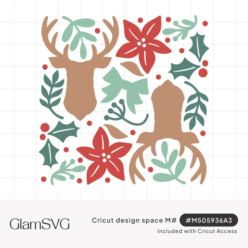 Square Christmas pattern with two tan deer heads, red poinsettias, a mint bow, holly leaves and red berries