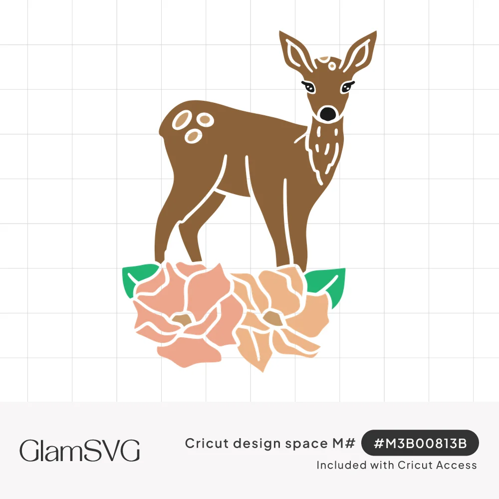 Brown spotted fawn with long lashes standing on pink and peach flowers with green leaves