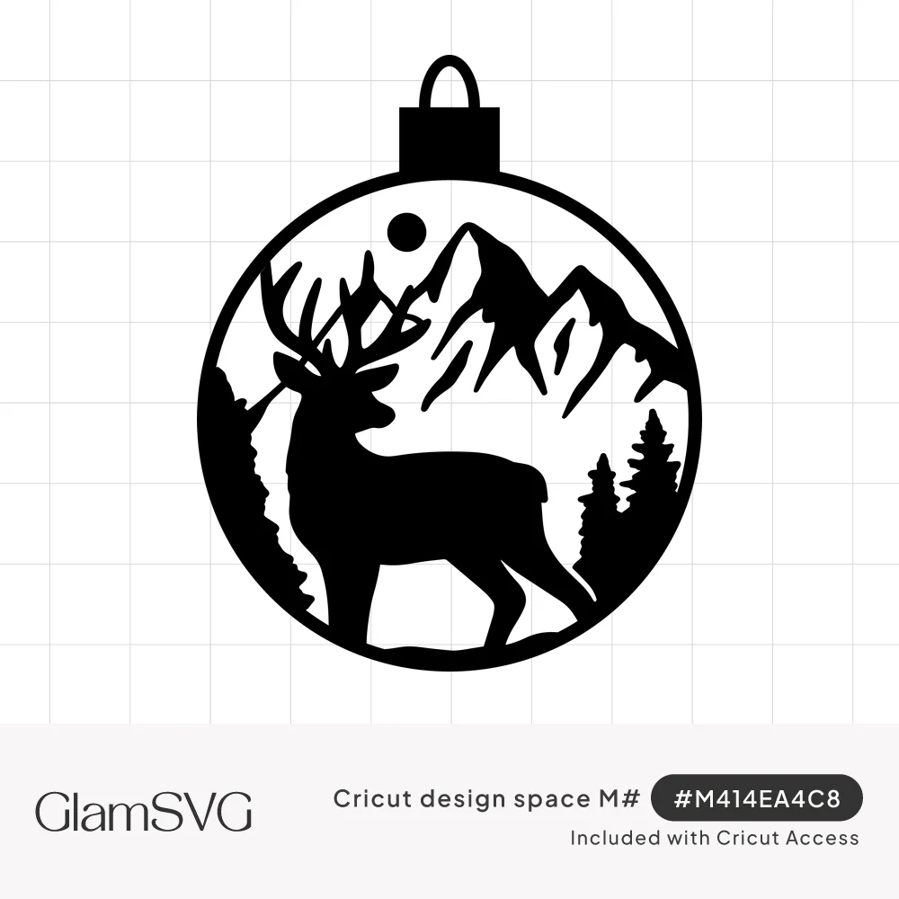 Black silhouette of a buck deer with mountains, pine trees and a moon inside a round Christmas ornament shape