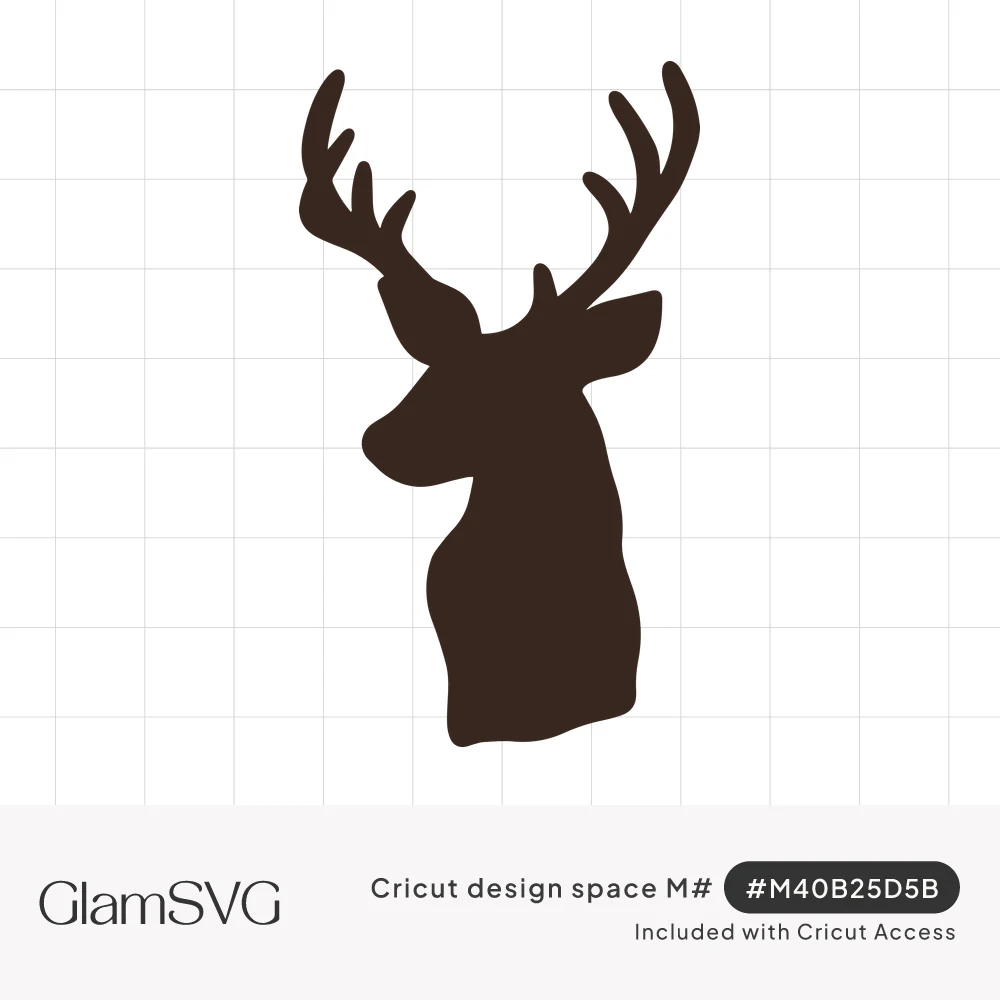 Dark brown silhouette of a stag's head in side profile with tall branching antlers on a white background