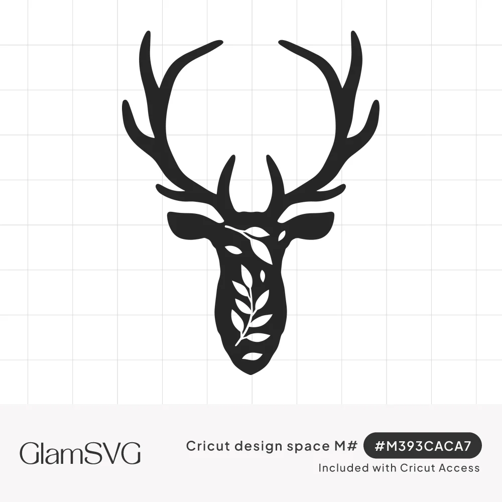 Black silhouette of a deer head with large branching antlers and white leafy branches cut into its face