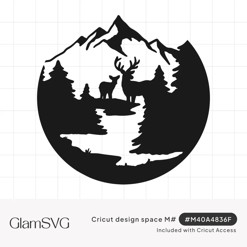 Black circular silhouette of a buck and doe above a winding river with pine trees and mountain peaks