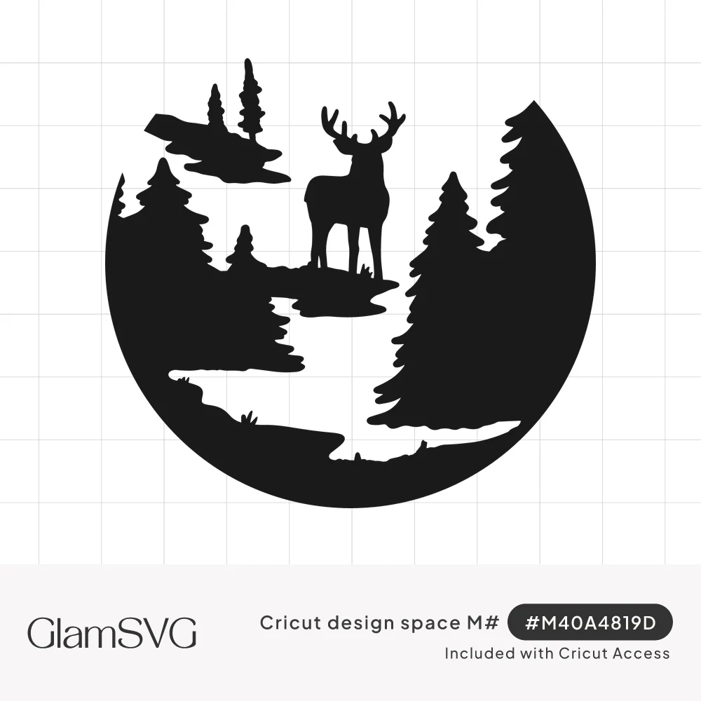 Black round silhouette of a buck deer on a rock above a winding river surrounded by pine trees