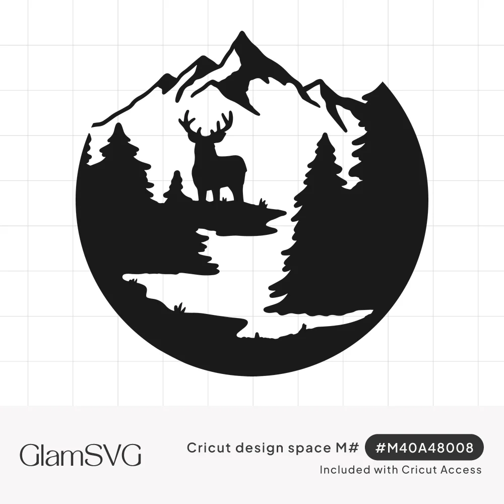 Round black silhouette of a stag on a ledge above a winding river, with pine trees and snowy mountain peaks